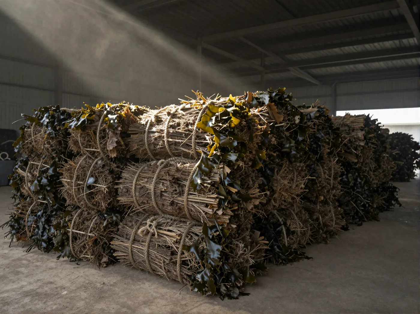 Bales of dried seaweed stacked and tied under cover, ready for despatch