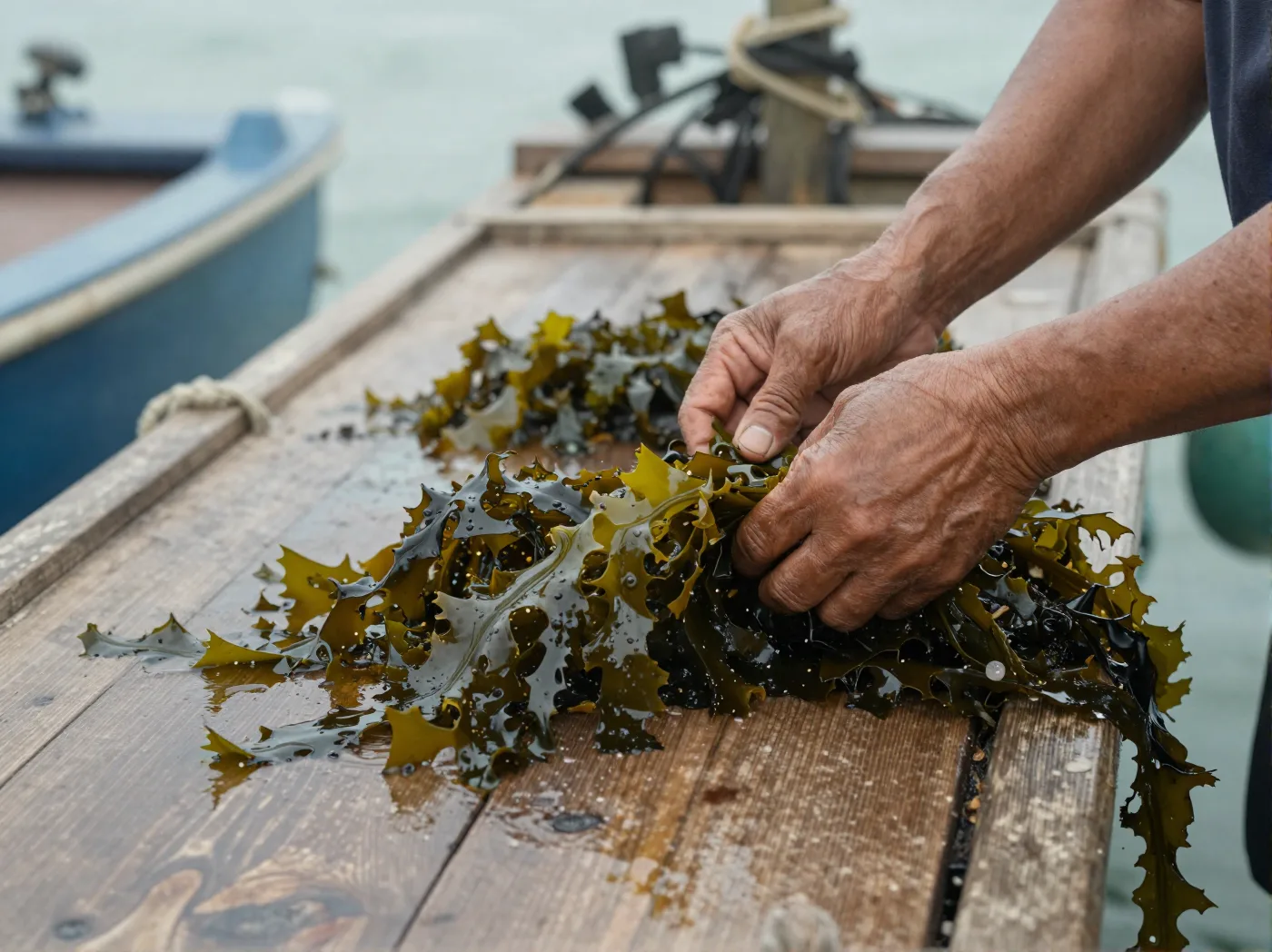 Hands sorting freshly cut seaweed on the deck of a boat in shallow turquoise water