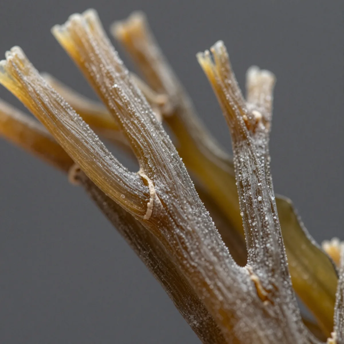 Macro detail of dried seaweed thallus showing branching structure